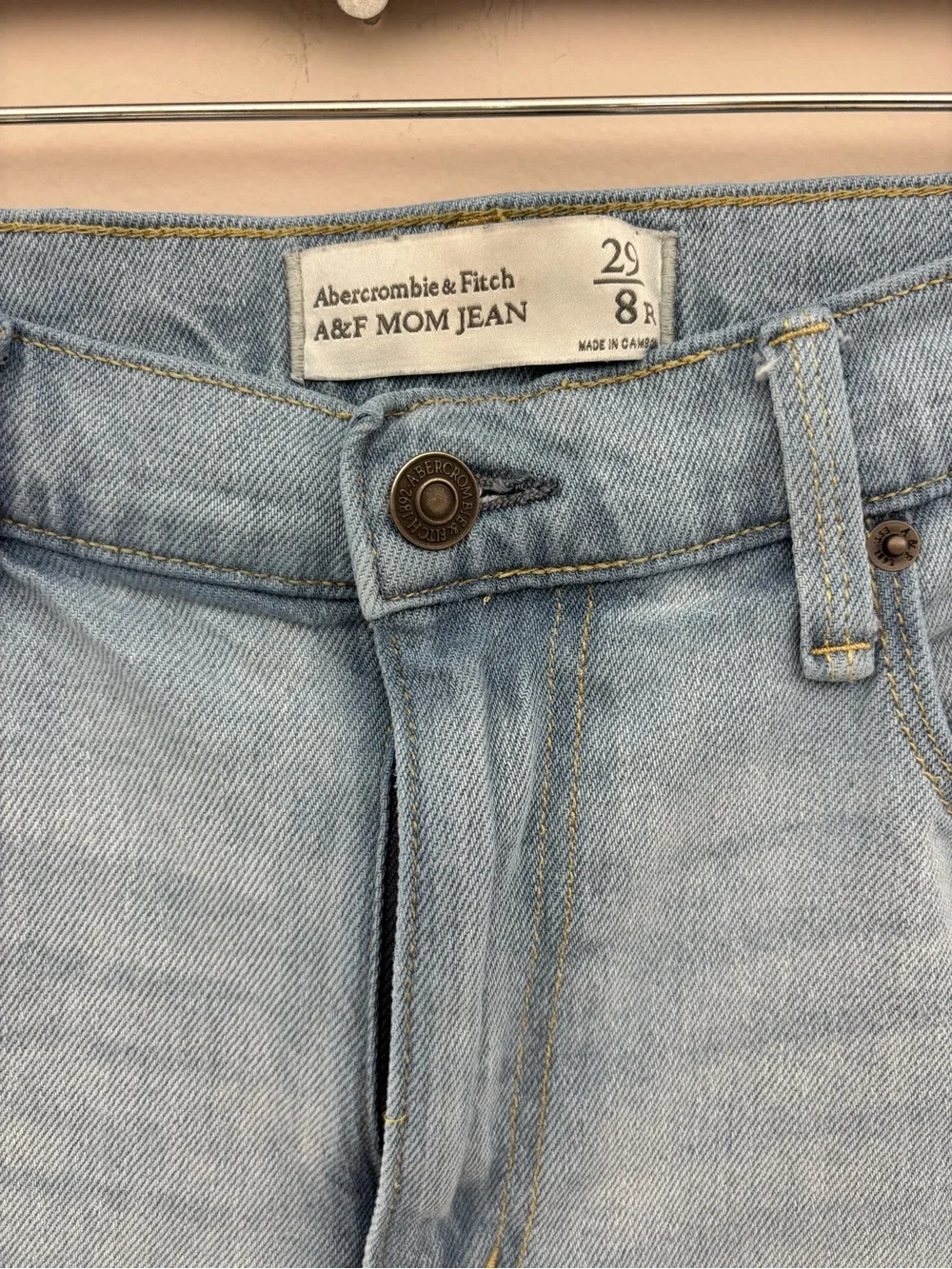 Abercrombie & Fitch A&F Mom Jeans High Rise Distressed Raw Hem Light Wash
